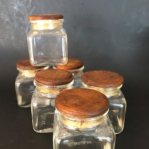 6 vintage glass spice jars with cork tops